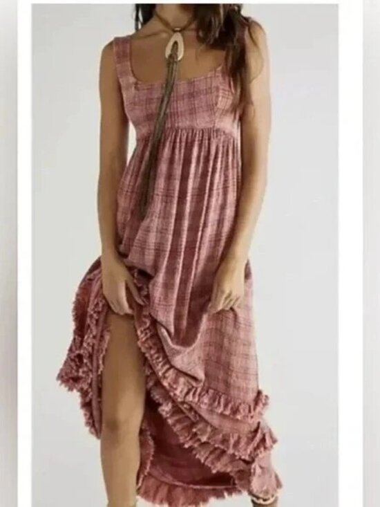 Free People Dresses & Skirts - Free People Lily Anne Maxi Dress Plaid Ruffle Hem Back Tie Rose Terracotta XL